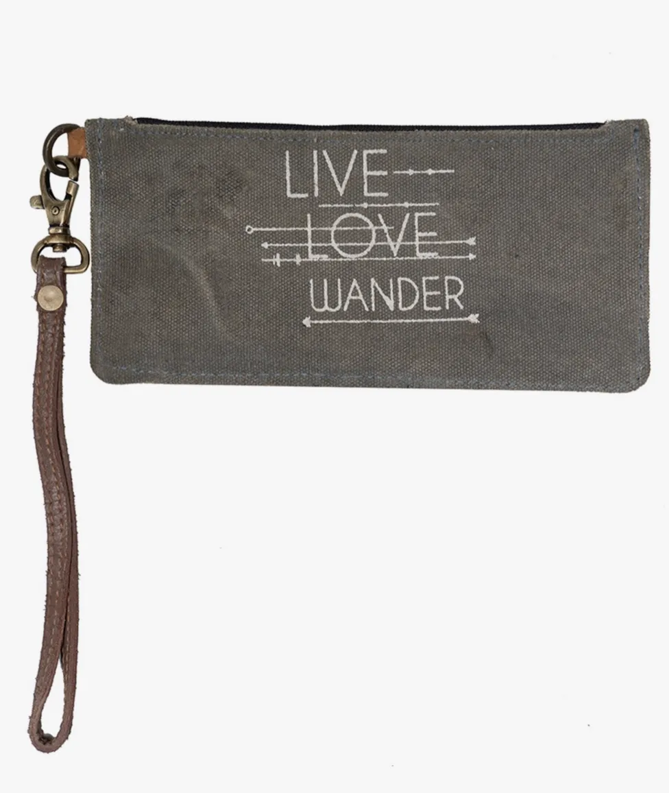 Gray Live Love Wander Canvas Wristlet