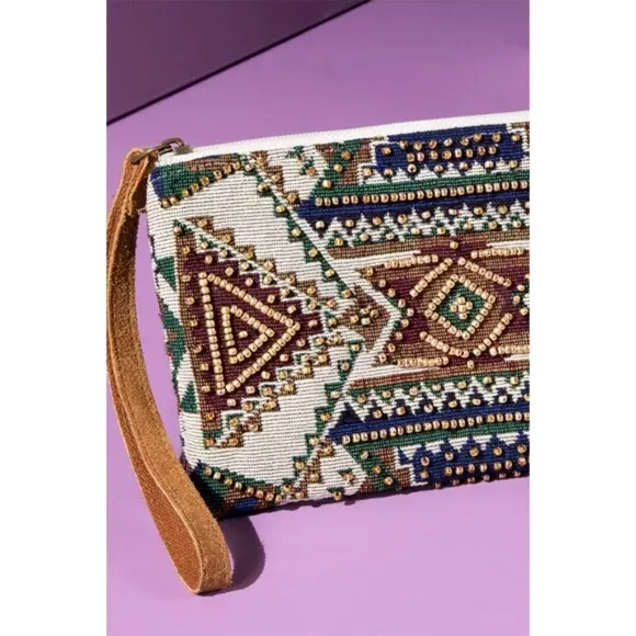 Handmade Cairo Western Boho Ethnic Pattern Beaded Jacquard Wristlet Clutch