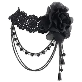 Ladies Women Black Lace Choker Necklace with Camellia Flower and Dangling Beads Charm Chains Pendant