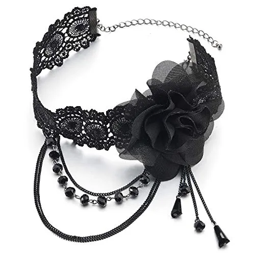 Ladies Women Black Lace Choker Necklace with Camellia Flower and Dangling Beads Charm Chains Pendant