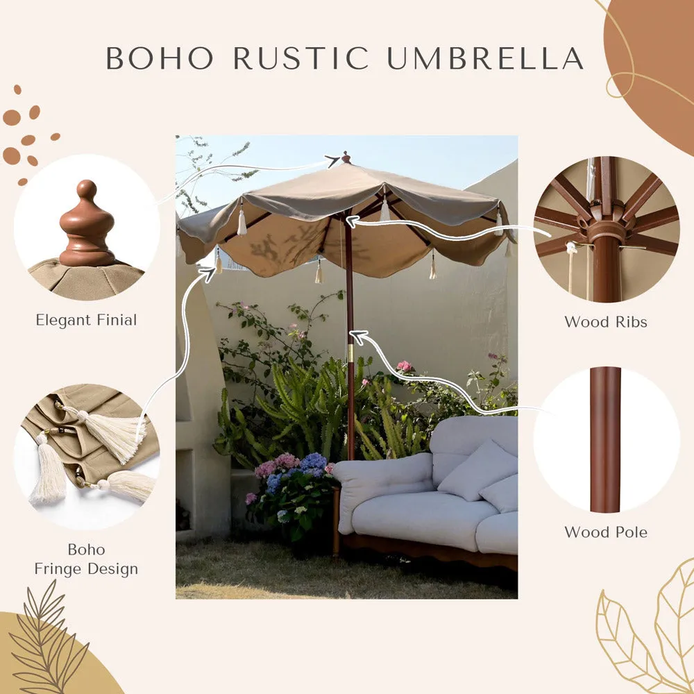 LAGarden Boho Fringe Umbrella Wood Market Umbrella