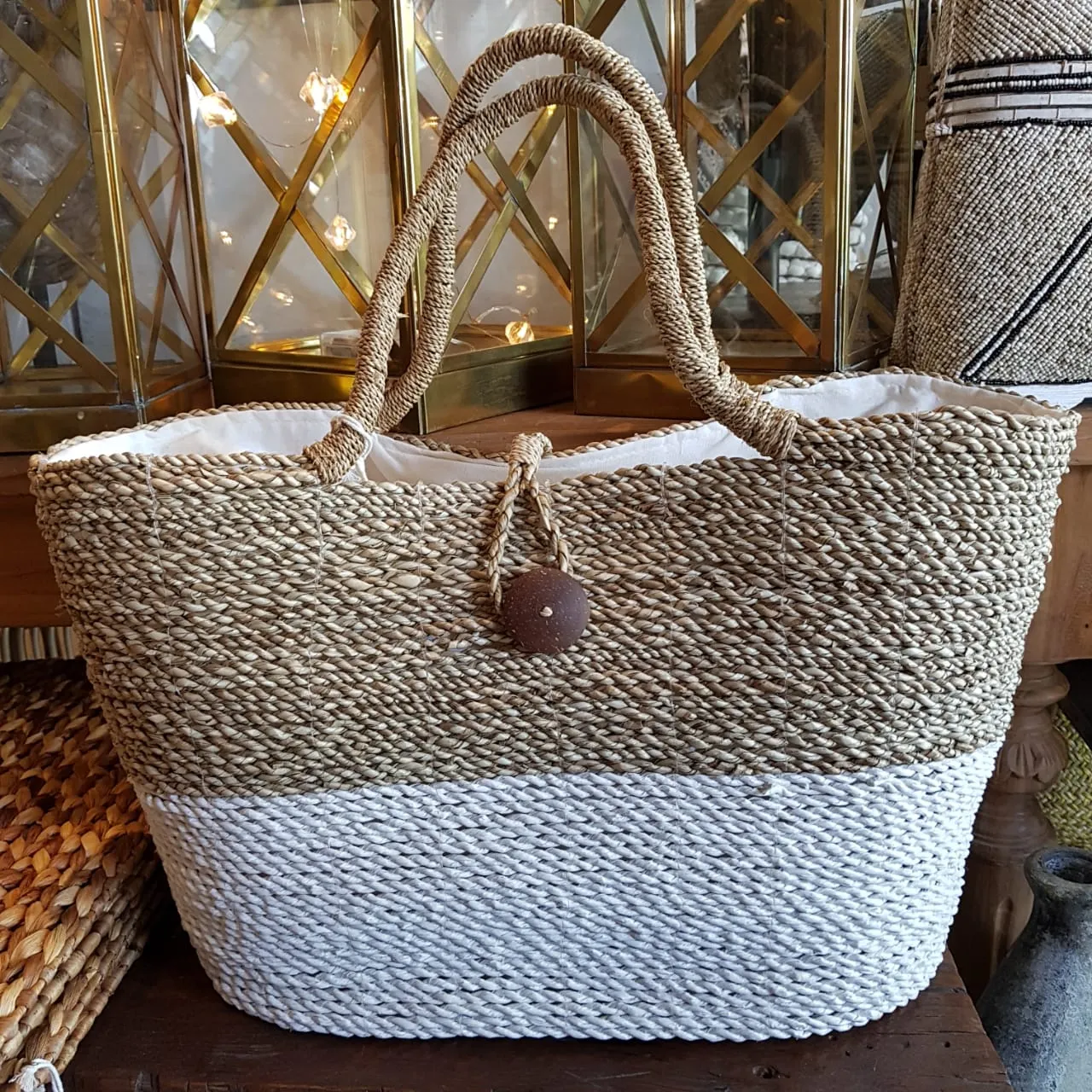 Large Two Tone Raffia Beach & Outdoor Tote Bag