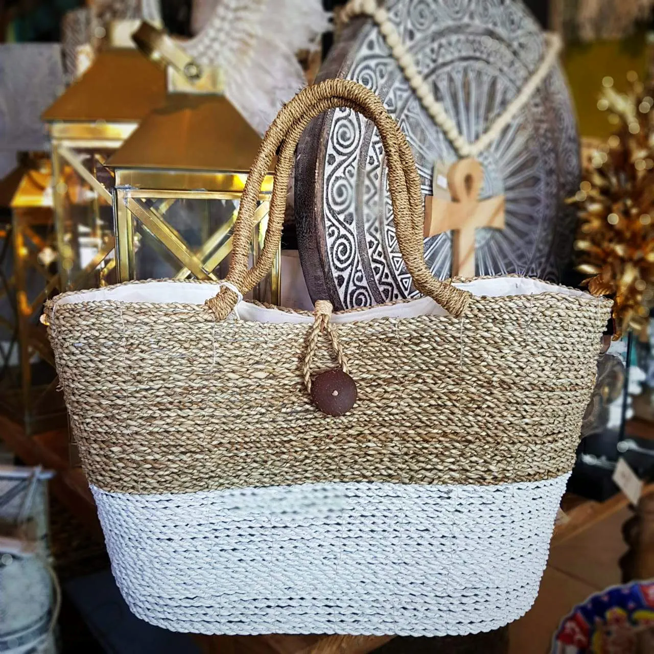 Large Two Tone Raffia Beach & Outdoor Tote Bag