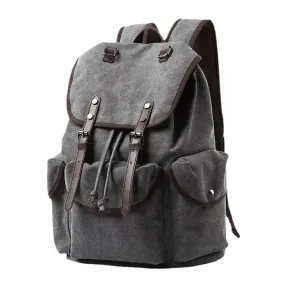 Men Washed Canvas Thickened Shoulder Strap Design Breathable Backpack Retro Casual 15.6 Inch Laptop Bag Drawstring Hasp