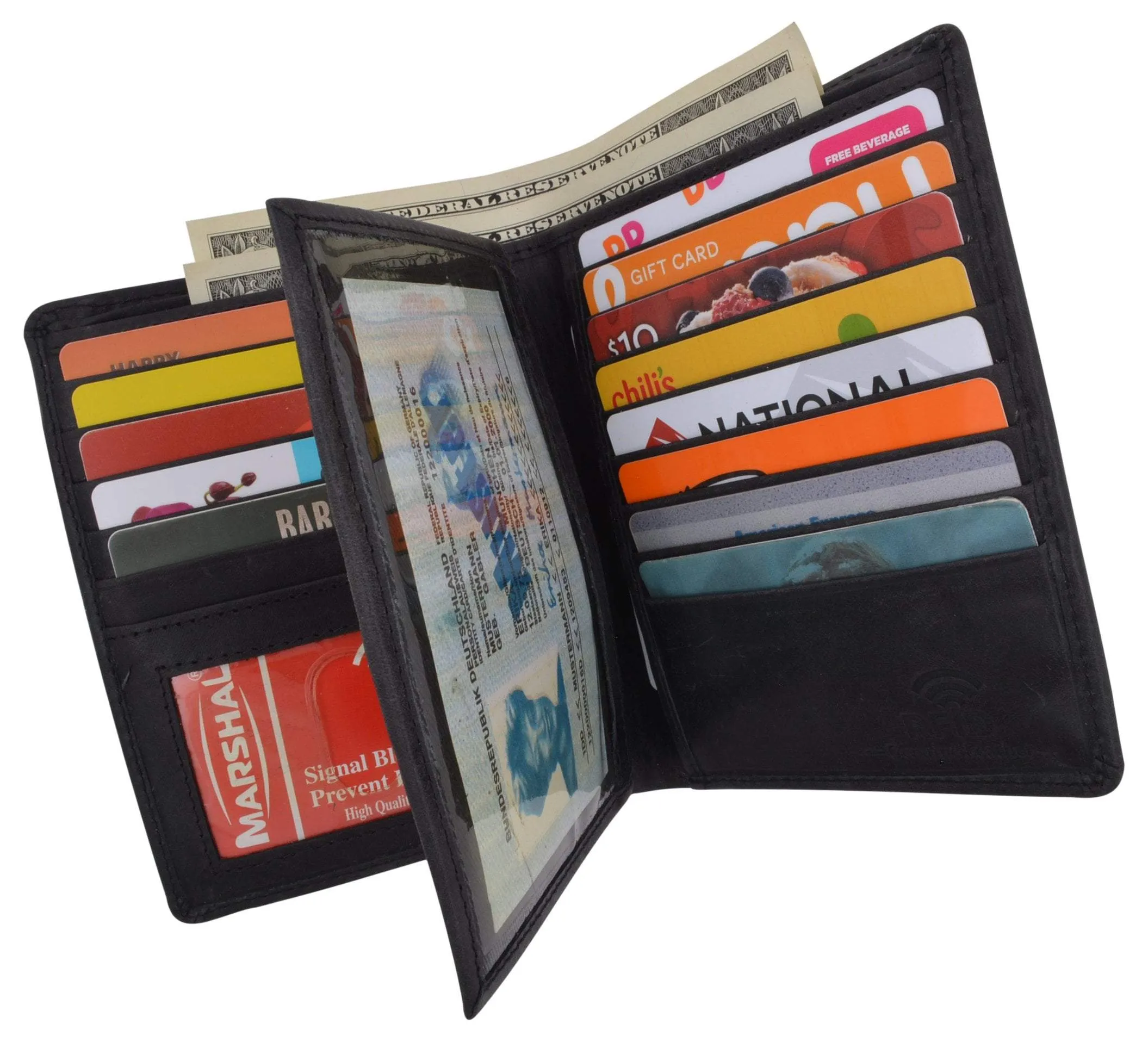 Mens Bifold Hipster Genuine Hunter Leather RFID Blocking Euro Credit Card ID Bill Wallet