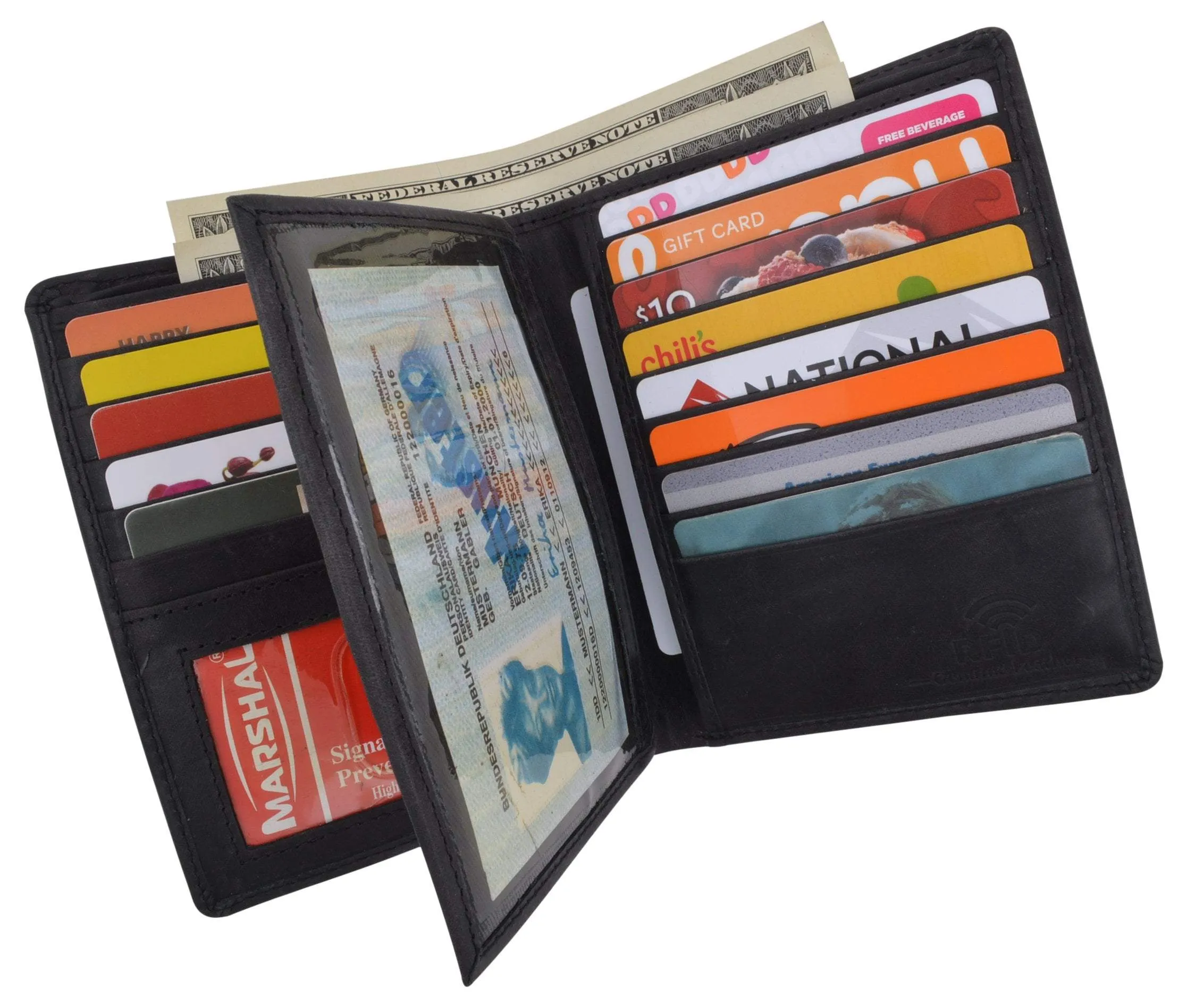 Mens Bifold Hipster Genuine Hunter Leather RFID Blocking Euro Credit Card ID Bill Wallet