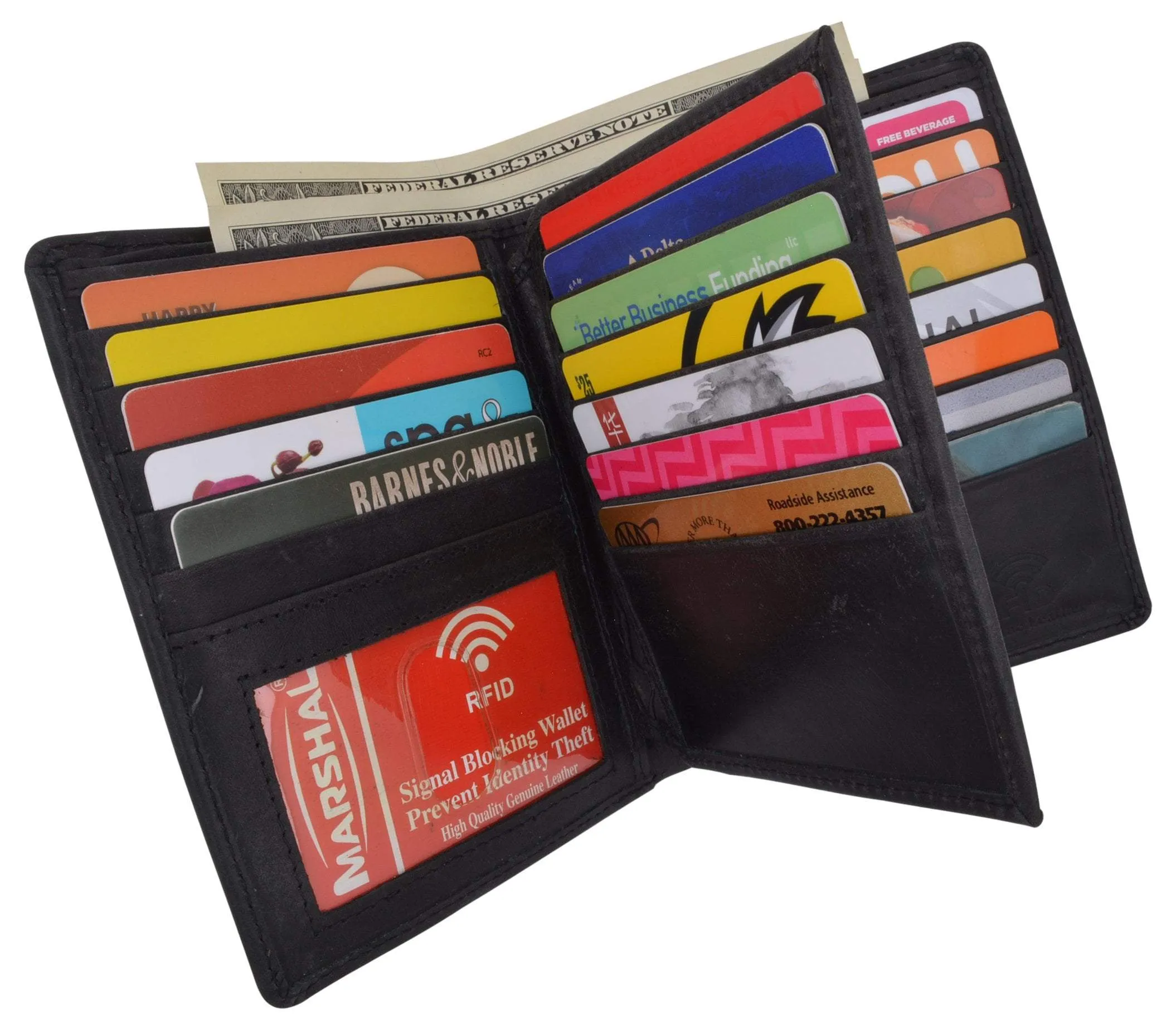 Mens Bifold Hipster Genuine Hunter Leather RFID Blocking Euro Credit Card ID Bill Wallet