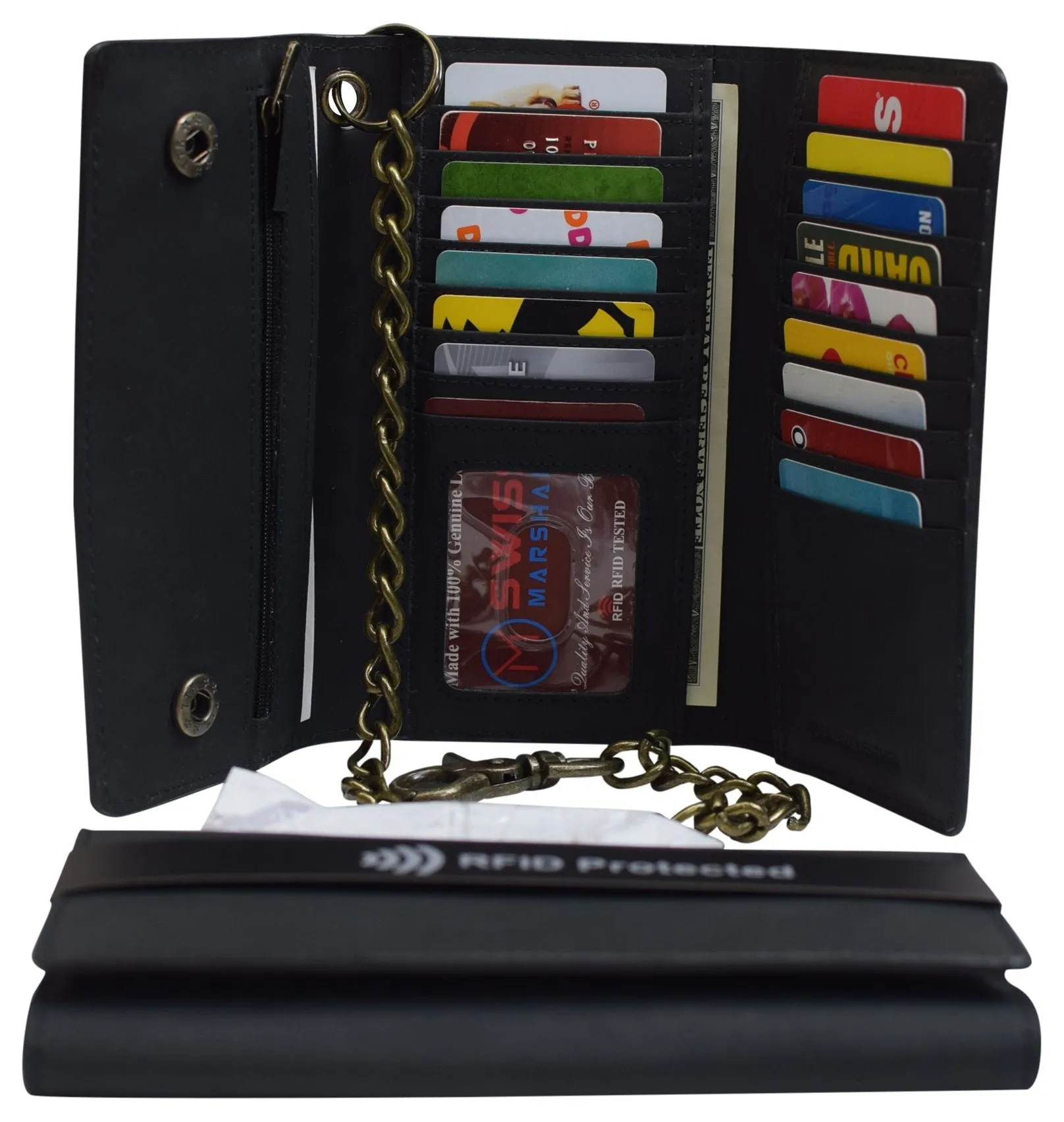 Men's RFID Signal Blocking Biker's Vintage Black Leather Long Tri-fold Chain Checkbook Card ID Wallet