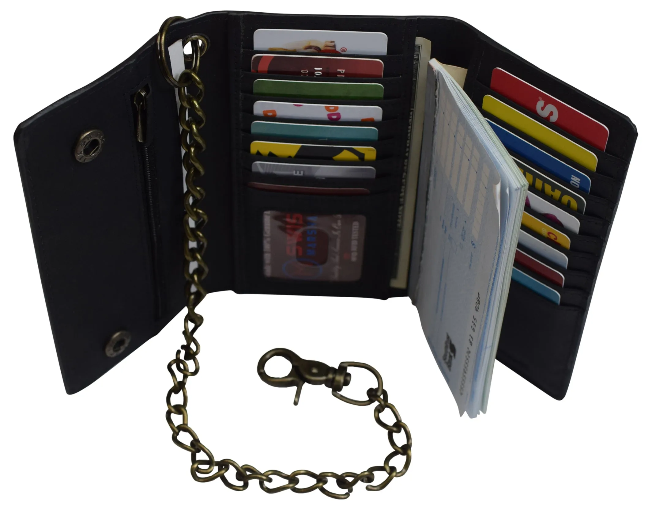 Men's RFID Signal Blocking Biker's Vintage Black Leather Long Tri-fold Chain Checkbook Card ID Wallet