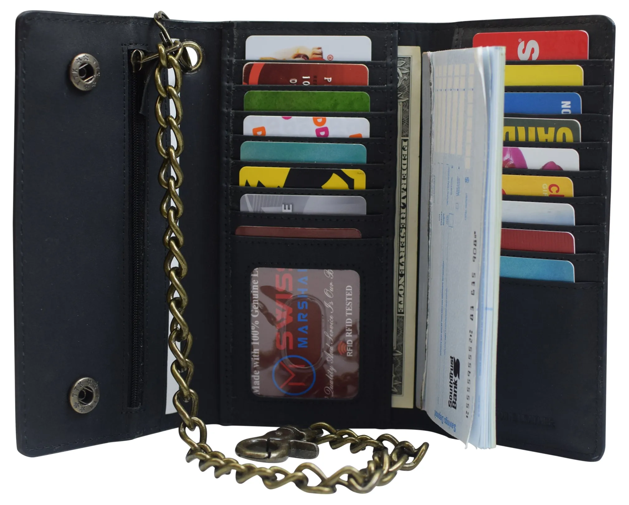 Men's RFID Signal Blocking Biker's Vintage Black Leather Long Tri-fold Chain Checkbook Card ID Wallet