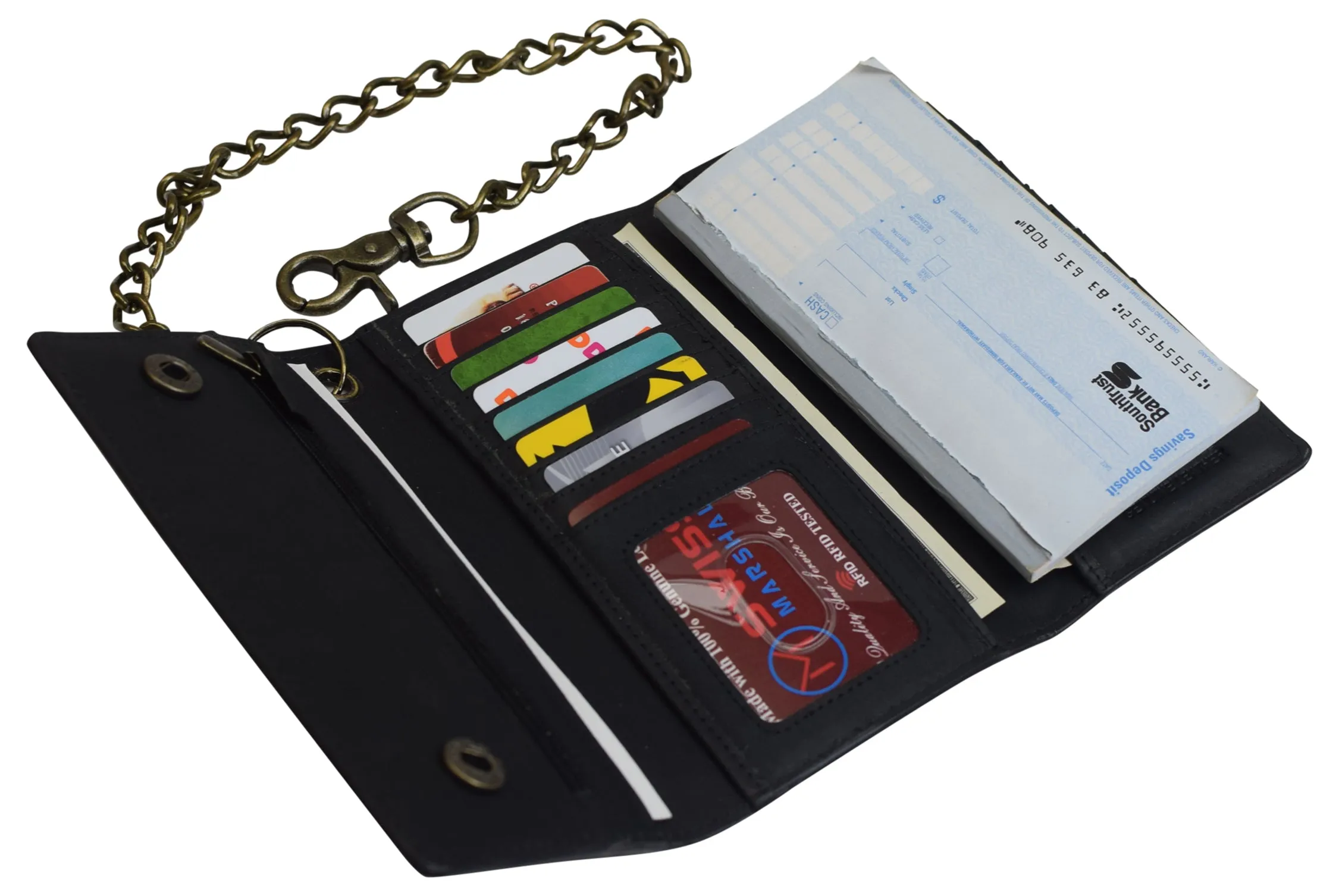 Men's RFID Signal Blocking Biker's Vintage Black Leather Long Tri-fold Chain Checkbook Card ID Wallet