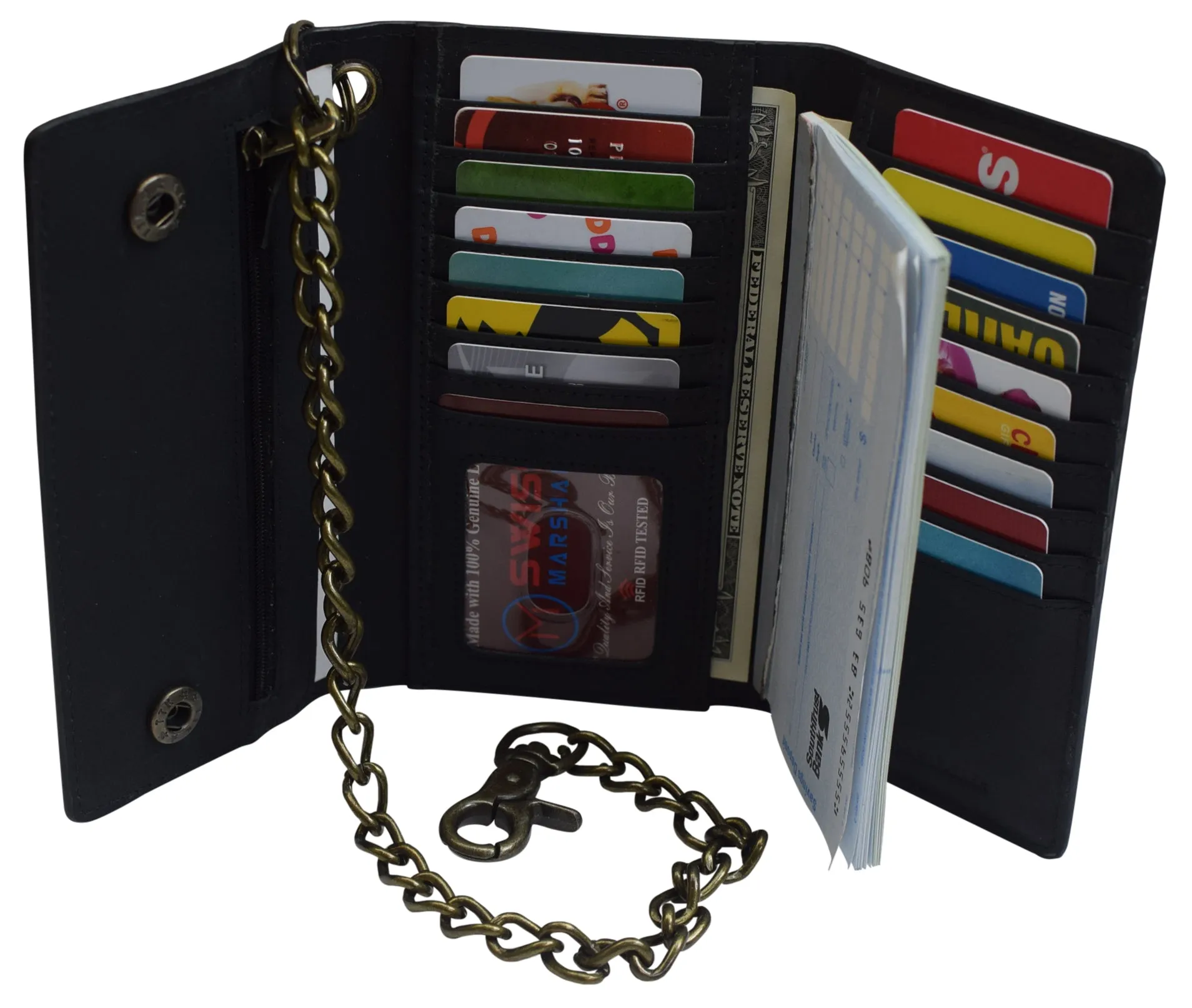 Men's RFID Signal Blocking Biker's Vintage Black Leather Long Tri-fold Chain Checkbook Card ID Wallet