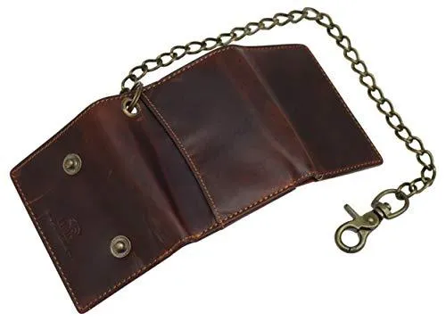 Men's RFID Signal Blocking Motorcycle Biker Brown Trifold Wallet With Chain