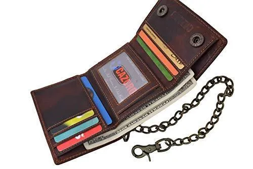 Men's RFID Signal Blocking Motorcycle Biker Brown Trifold Wallet With Chain