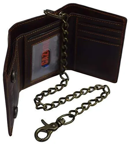 Men's RFID Signal Blocking Motorcycle Biker Brown Trifold Wallet With Chain