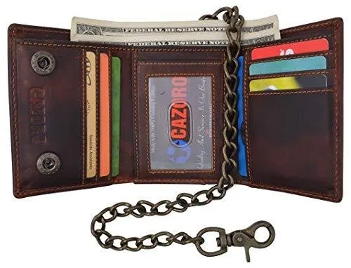 Men's RFID Signal Blocking Motorcycle Biker Brown Trifold Wallet With Chain