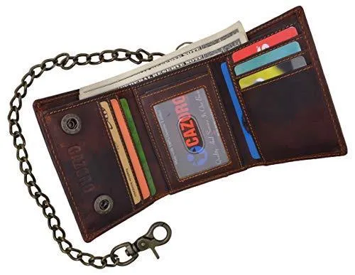 Men's RFID Signal Blocking Motorcycle Biker Brown Trifold Wallet With Chain