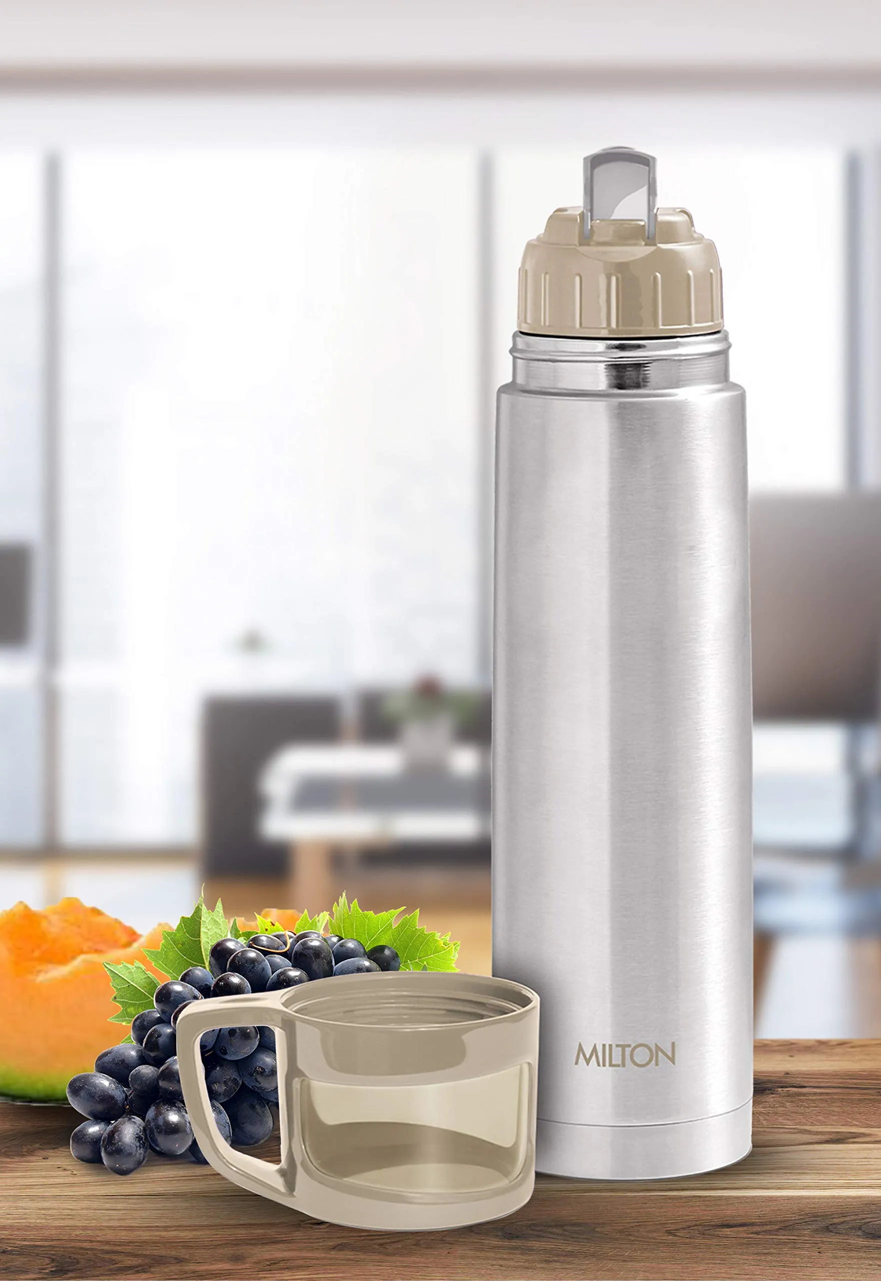 Milton Glassy 1000 Thermosteel 24 Hours Hot and Cold Water Bottle with Drinking Cup Lid, 1 Litre, Grey | Leak Proof | Office Bottle | Gym Bottle | Home | Kitchen | Hiking | Trekking | Travel Bottle