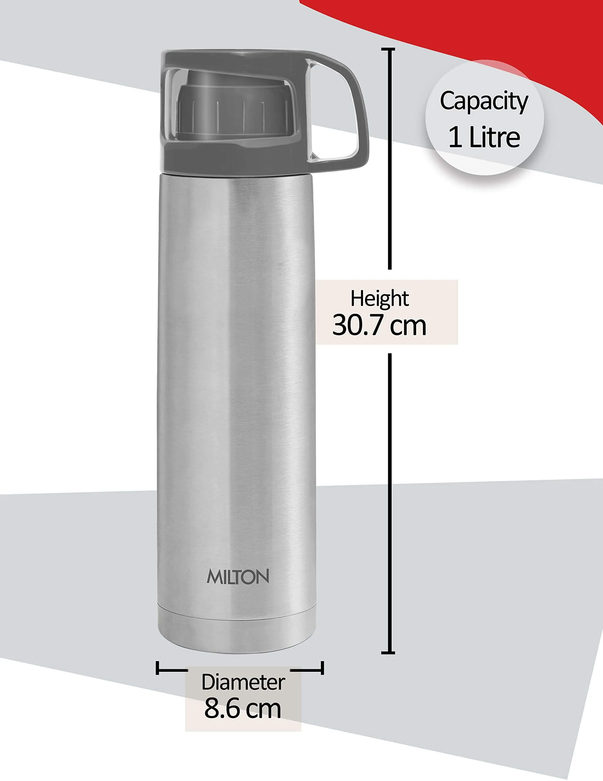 Milton Glassy 1000 Thermosteel 24 Hours Hot and Cold Water Bottle with Drinking Cup Lid, 1 Litre, Grey | Leak Proof | Office Bottle | Gym Bottle | Home | Kitchen | Hiking | Trekking | Travel Bottle