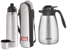 MILTON Thermosteel Flip Lid Flask, 1000 milliliters, Silver & Thermosteel Carafe, 1.5 litres, Silver Combo