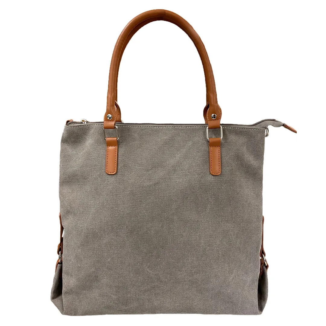 MINKARA - Women's Grey Canvas Tote Bag with Genuine Leather Straps