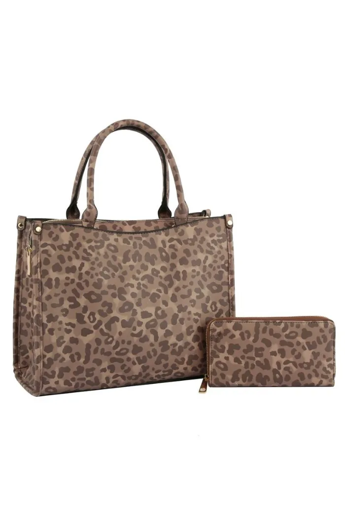 Multi Compartment Leopard Hand Tote Set