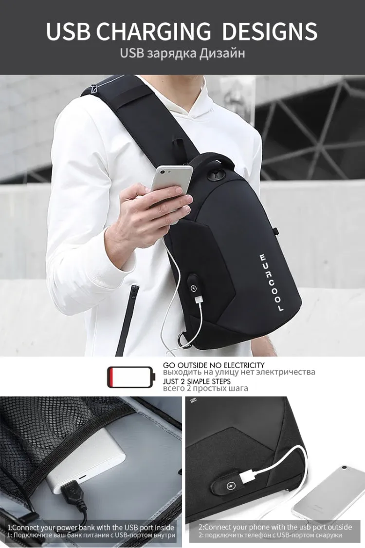 Multi Function Crossbody Bags Men Chest Bag Water Repellent Shoulder Bag with USB Charging Port, Size:S (Gray)