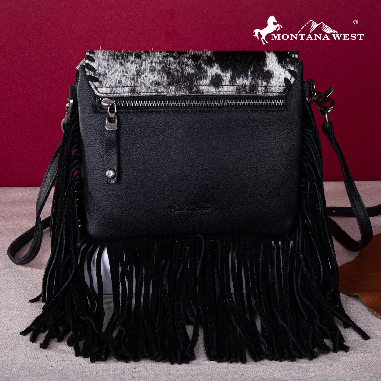 MWR-064 Montana West Genuine Leather Hair-On Cowhide Fringe Bohemian Crossbody - Black