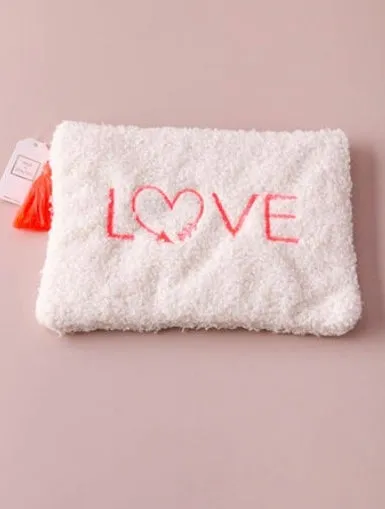 Neon Orange Love & Heart Fuzzy Cream Make Up Bag With Neon Tassel