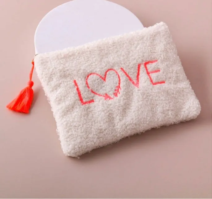 Neon Orange Love & Heart Fuzzy Cream Make Up Bag With Neon Tassel