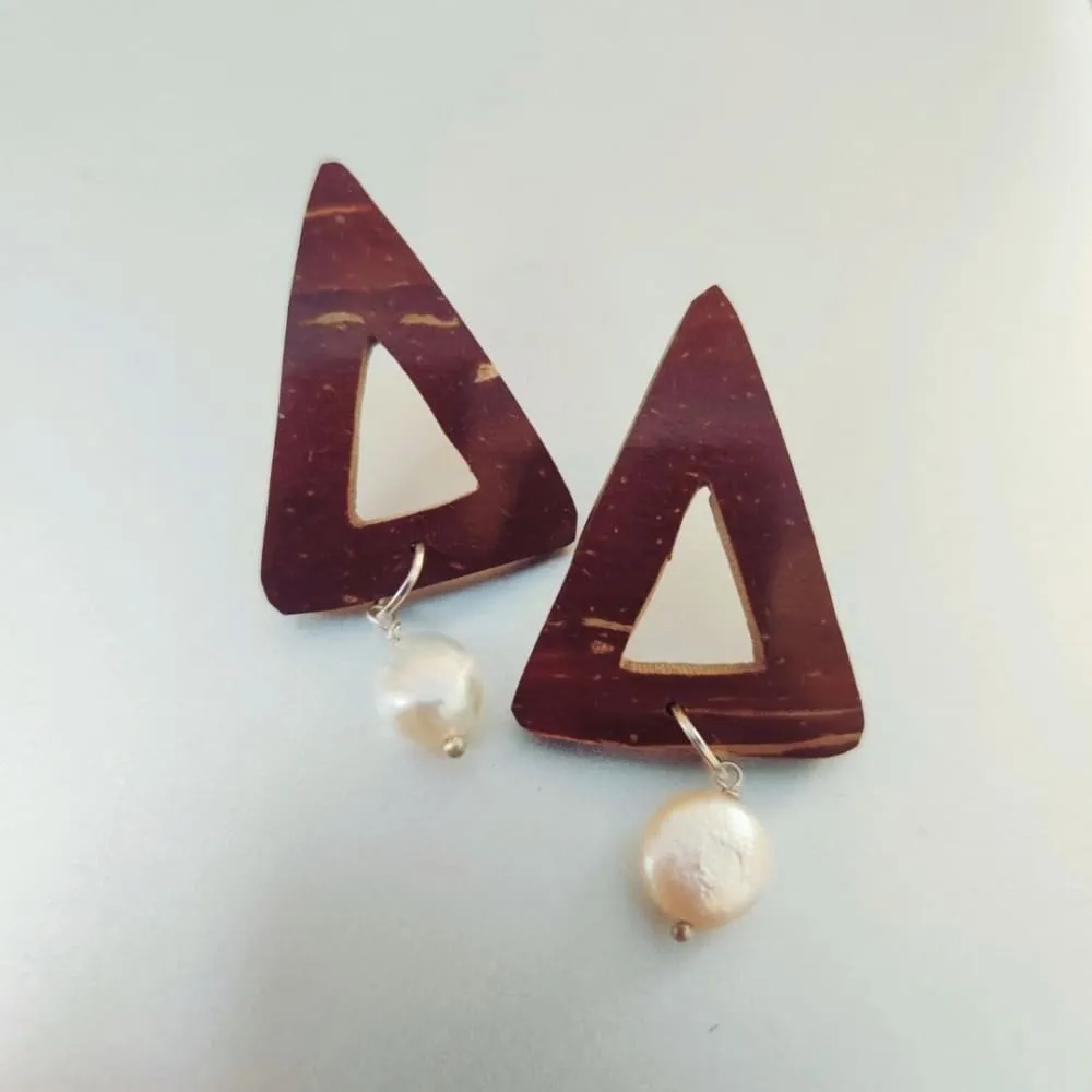 ONEarth Pearl & Triangle Coconut Shell Earrings (Golden Hook)