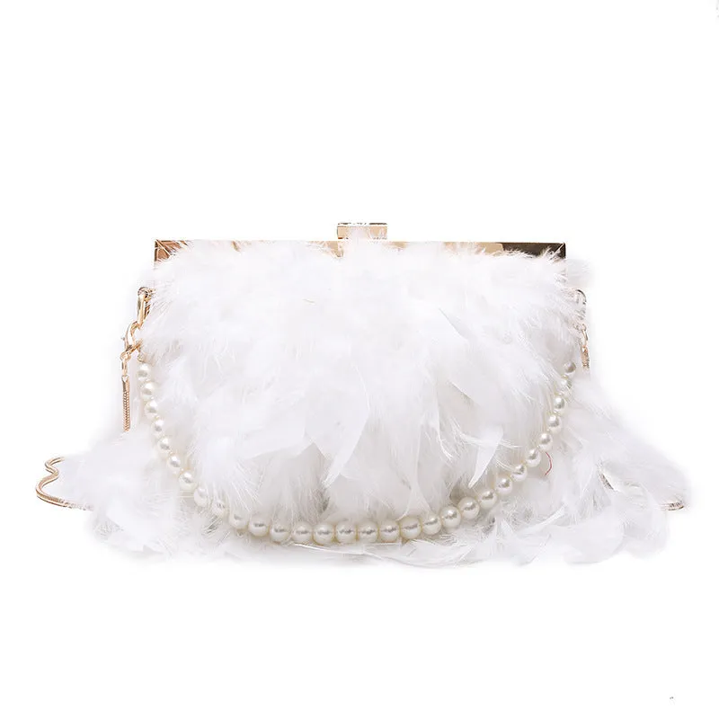 Ostrich Feather Pearl Clutch Bag