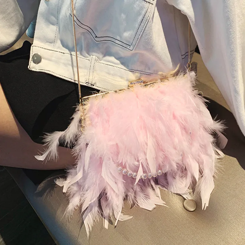 Ostrich Feather Pearl Clutch Bag