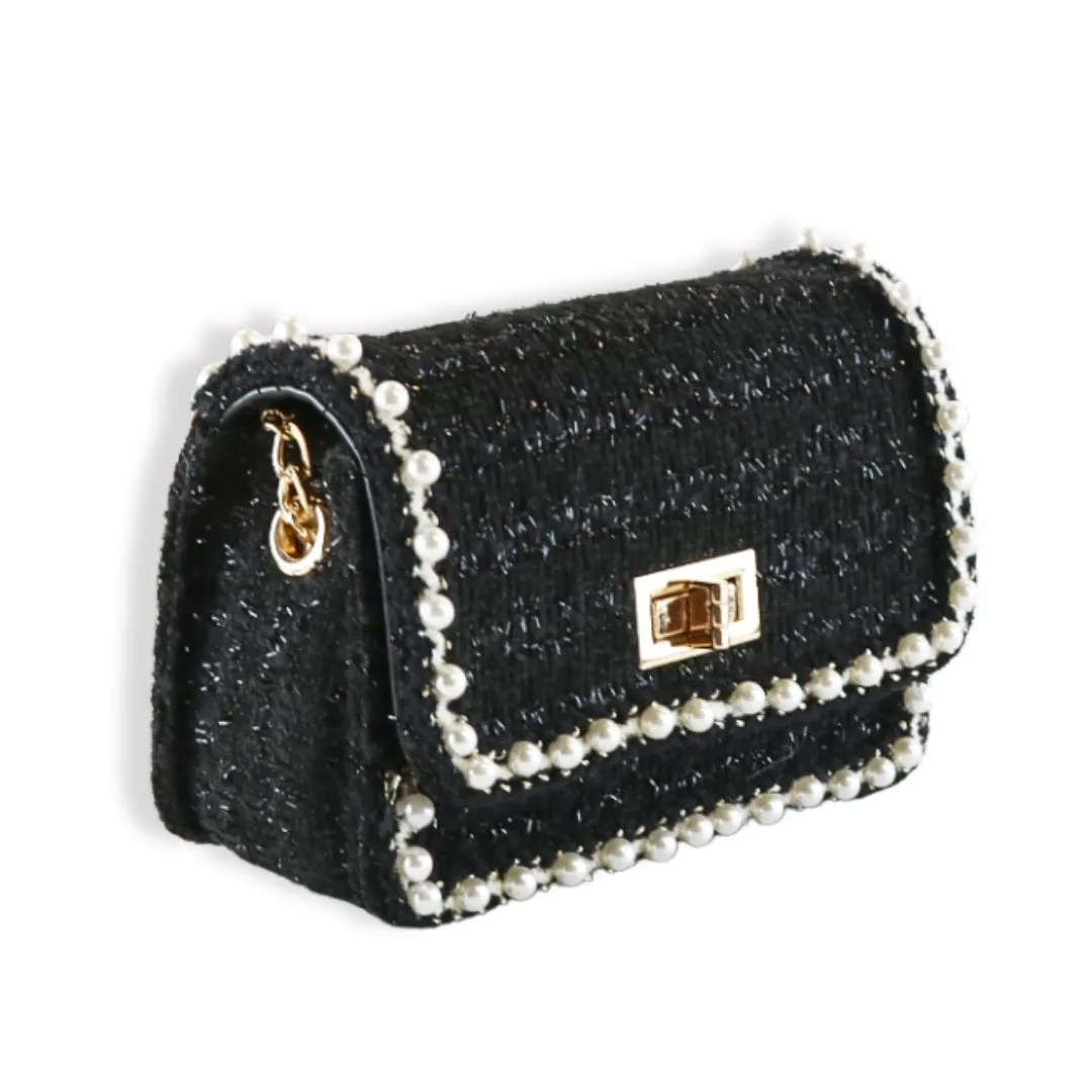 Pearl Trim Tweed Purse - BLACK