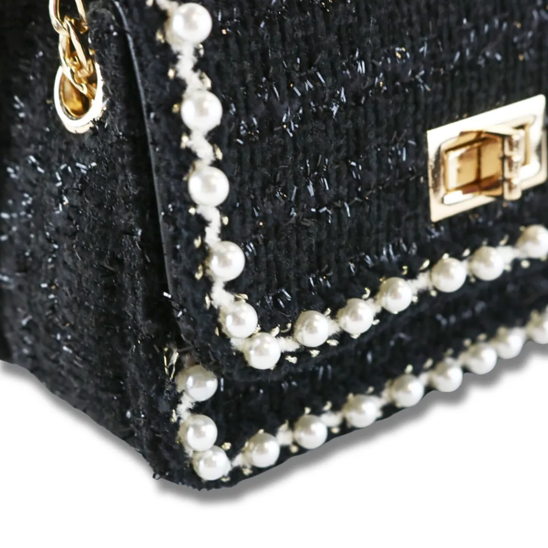 Pearl Trim Tweed Purse - BLACK