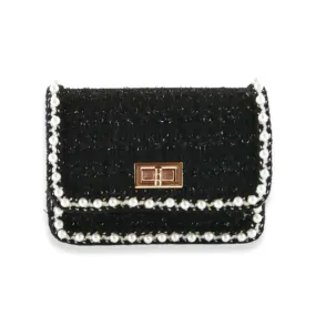 Pearl Trim Tweed Purse - BLACK