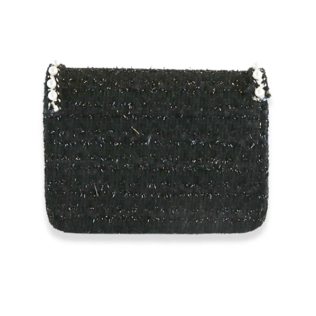 Pearl Trim Tweed Purse - BLACK