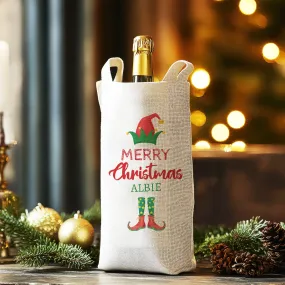 PERSONALISED - Merry Christmas Elf Hat & Feet - Christmas Bottle Bag