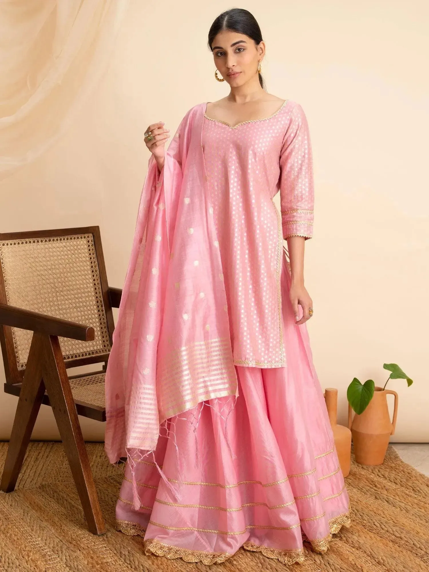 Pink Self Design Silk Straight Kurta With Skirt & Dupatta