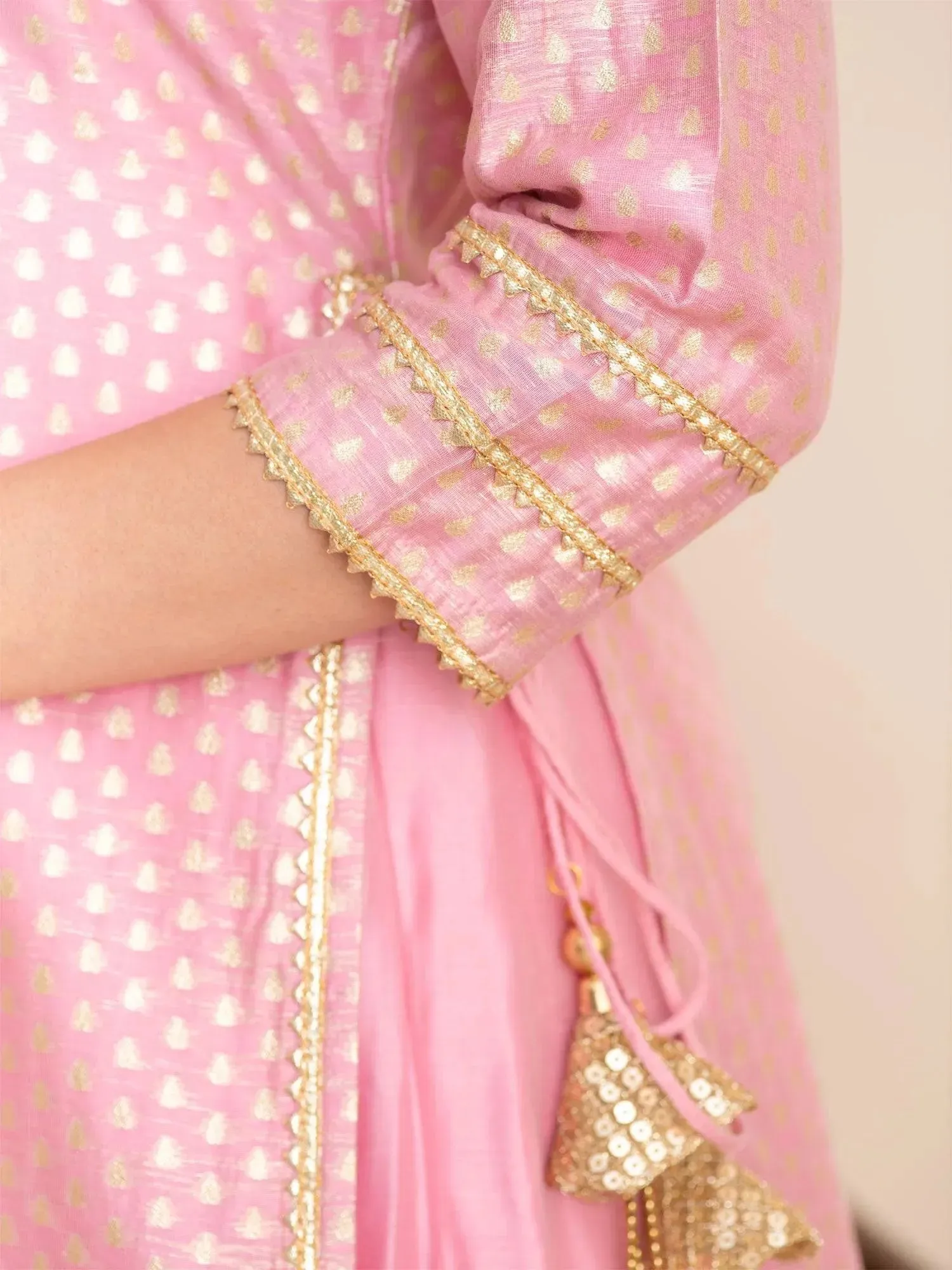 Pink Self Design Silk Straight Kurta With Skirt & Dupatta