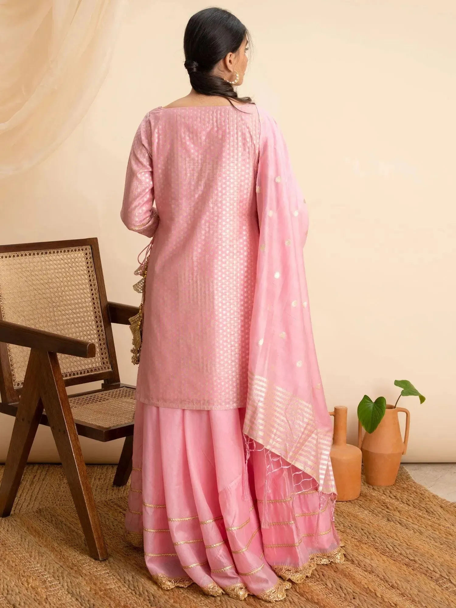 Pink Self Design Silk Straight Kurta With Skirt & Dupatta