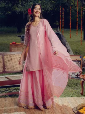 Pink Self Design Silk Straight Kurta With Skirt & Dupatta