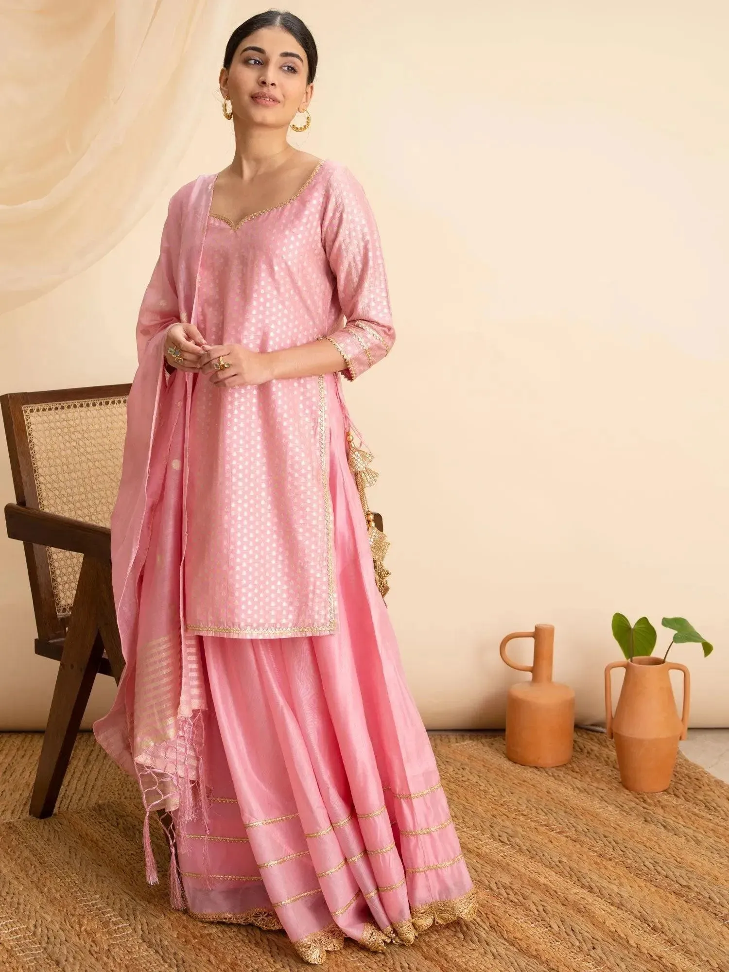 Pink Self Design Silk Straight Kurta With Skirt & Dupatta