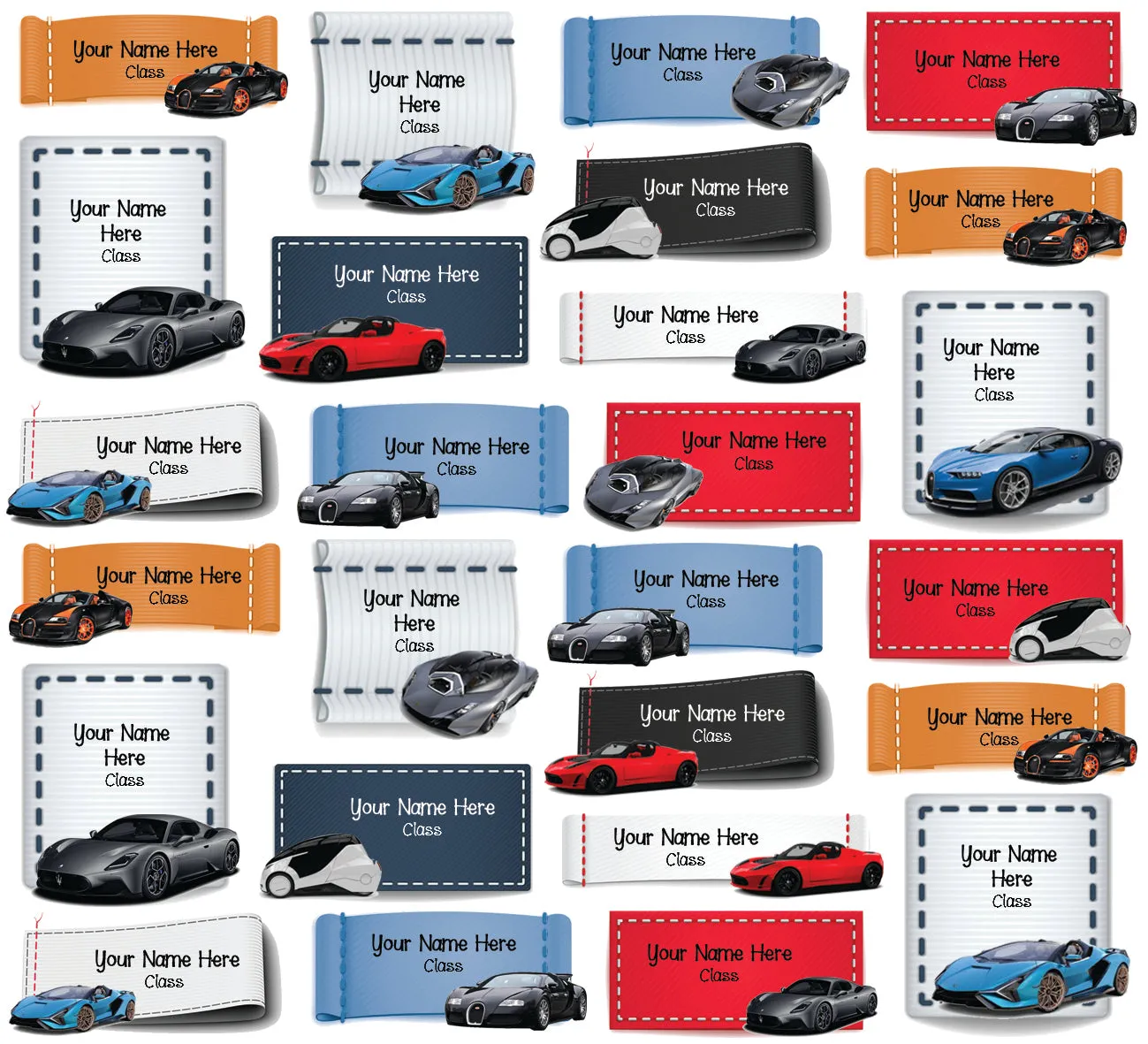 "Cool cars" medium waterproof school labels