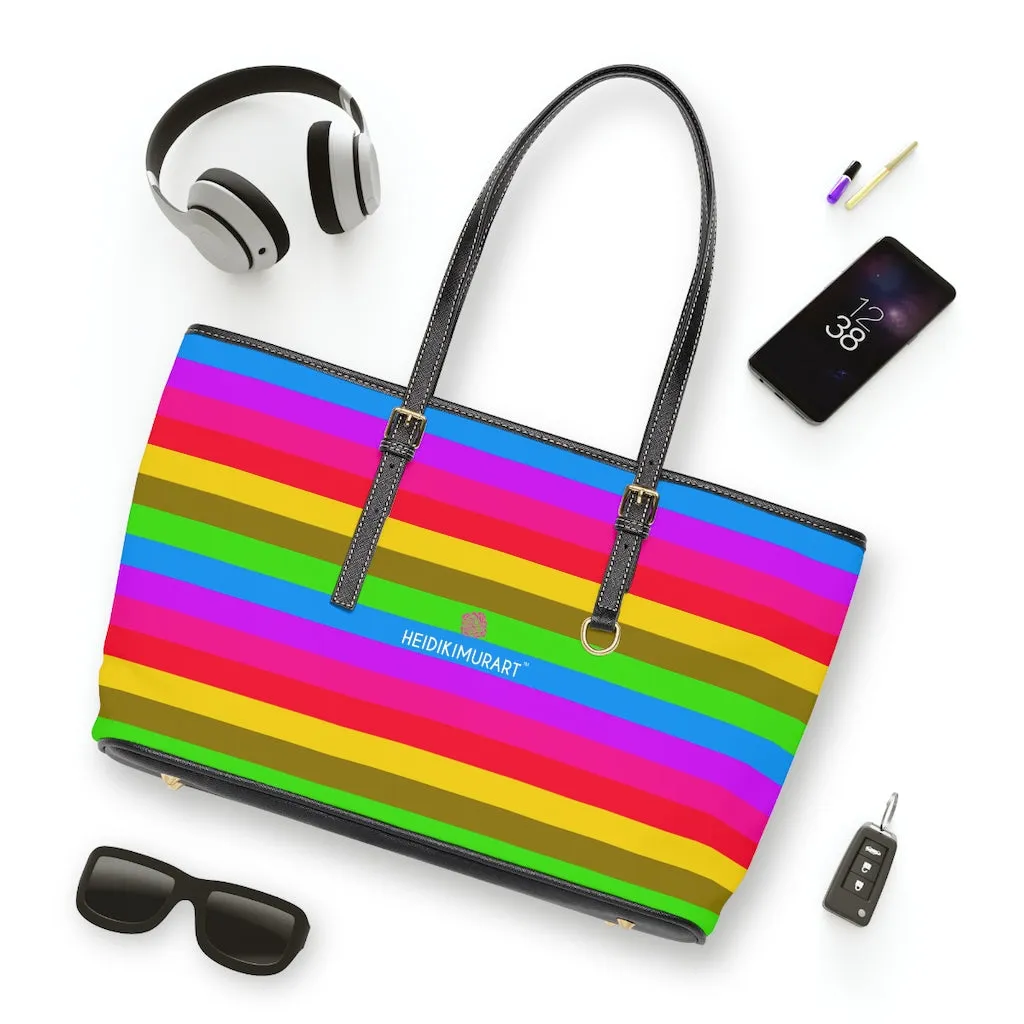 Rainbow Stripes Best Tote Bag, Best Designer PU Leather Shoulder Hand Work Bag 17"x11"/ 16"x10"