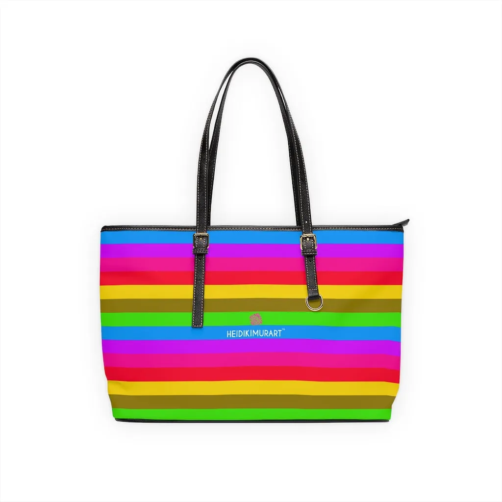 Rainbow Stripes Best Tote Bag, Best Designer PU Leather Shoulder Hand Work Bag 17"x11"/ 16"x10"