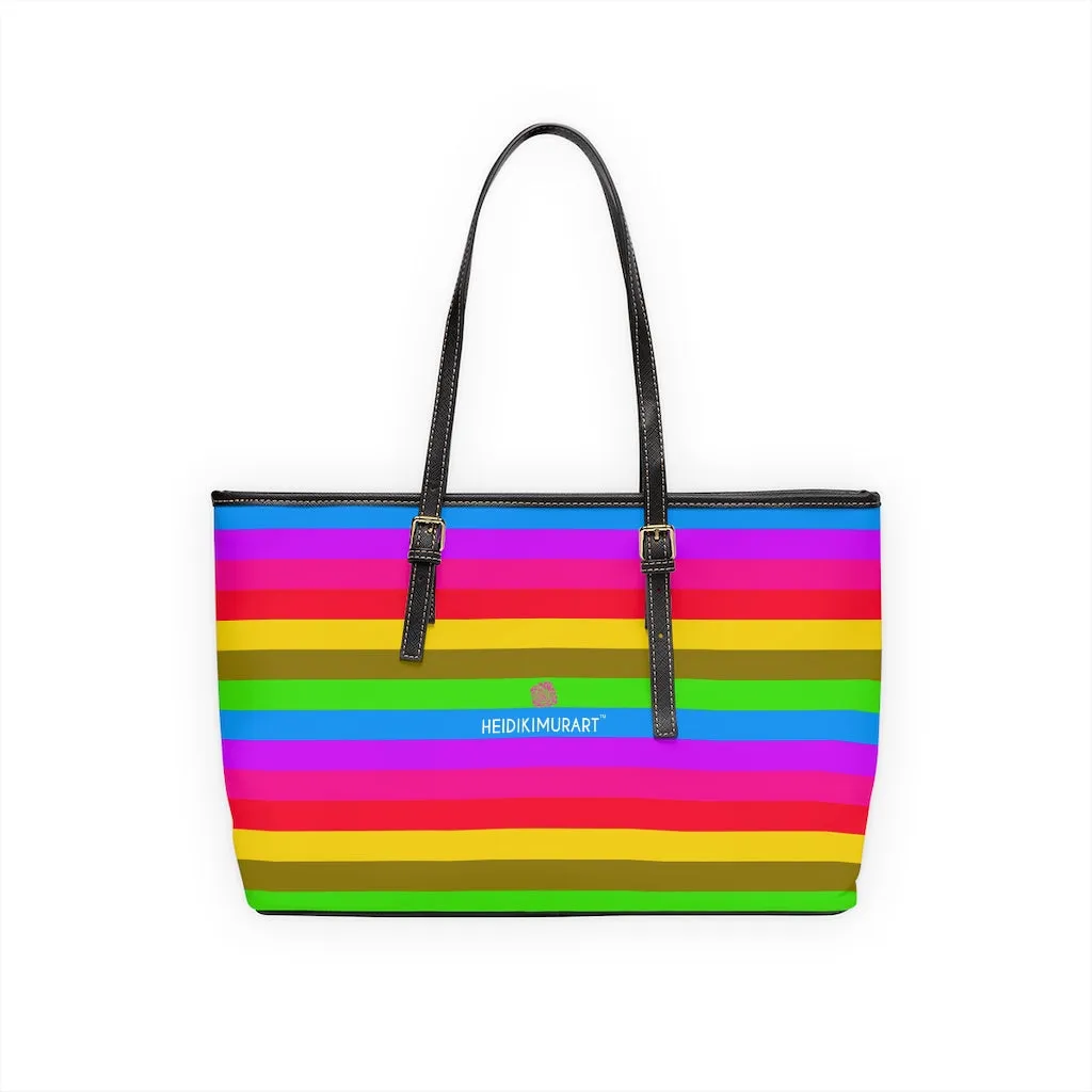 Rainbow Stripes Best Tote Bag, Best Designer PU Leather Shoulder Hand Work Bag 17"x11"/ 16"x10"