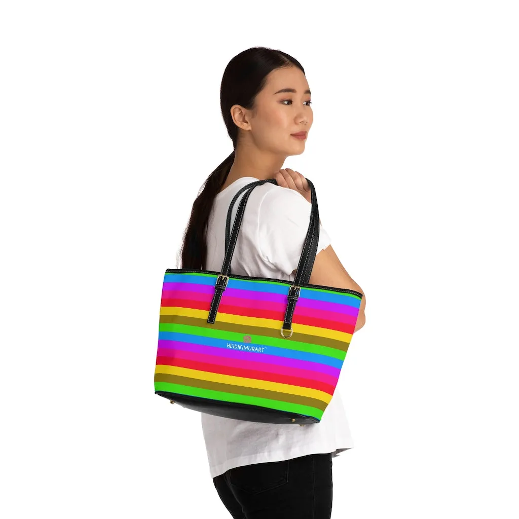 Rainbow Stripes Best Tote Bag, Best Designer PU Leather Shoulder Hand Work Bag 17"x11"/ 16"x10"