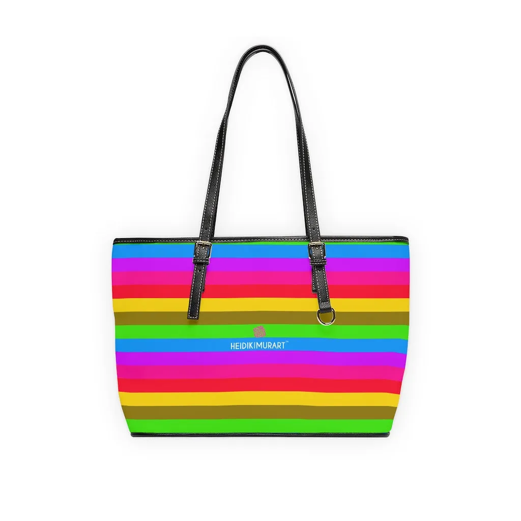 Rainbow Stripes Best Tote Bag, Best Designer PU Leather Shoulder Hand Work Bag 17"x11"/ 16"x10"