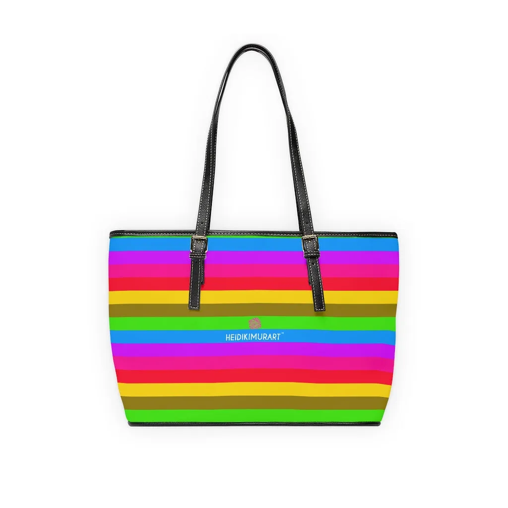 Rainbow Stripes Best Tote Bag, Best Designer PU Leather Shoulder Hand Work Bag 17"x11"/ 16"x10"